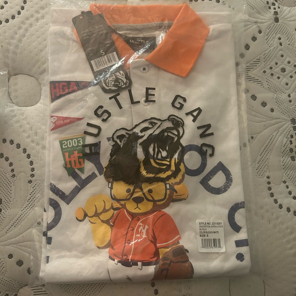 Hustle Gang White Polo with Orange Collar & Multi-Color Graphic Bear
